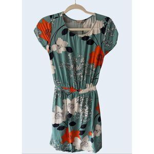 Banana Republic Floral Dress Size 0 Teal Orange Silk Feel Viscose Cap Sleeve